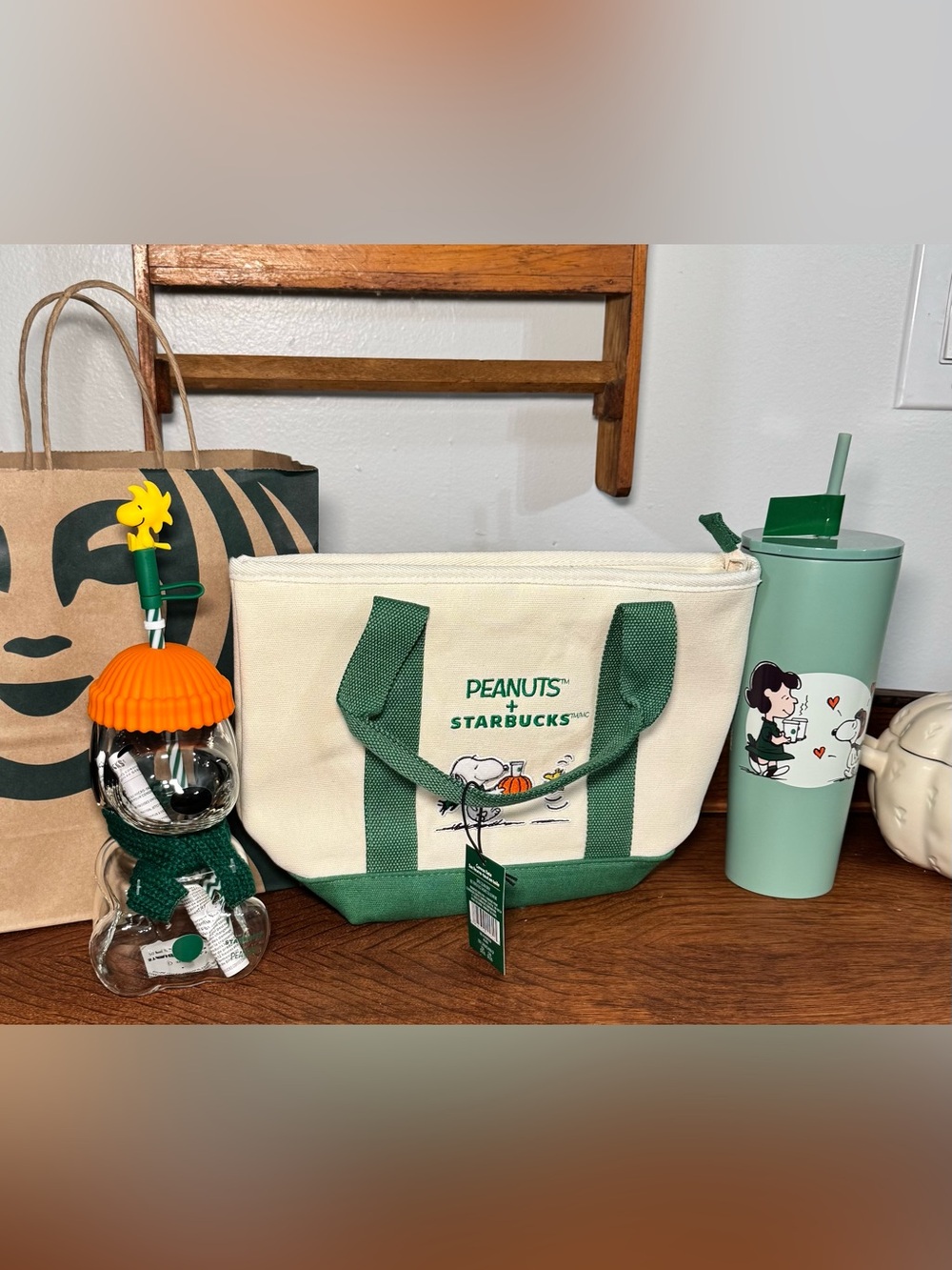 Starbucks Cream and Green Peanuts Canvas Tote